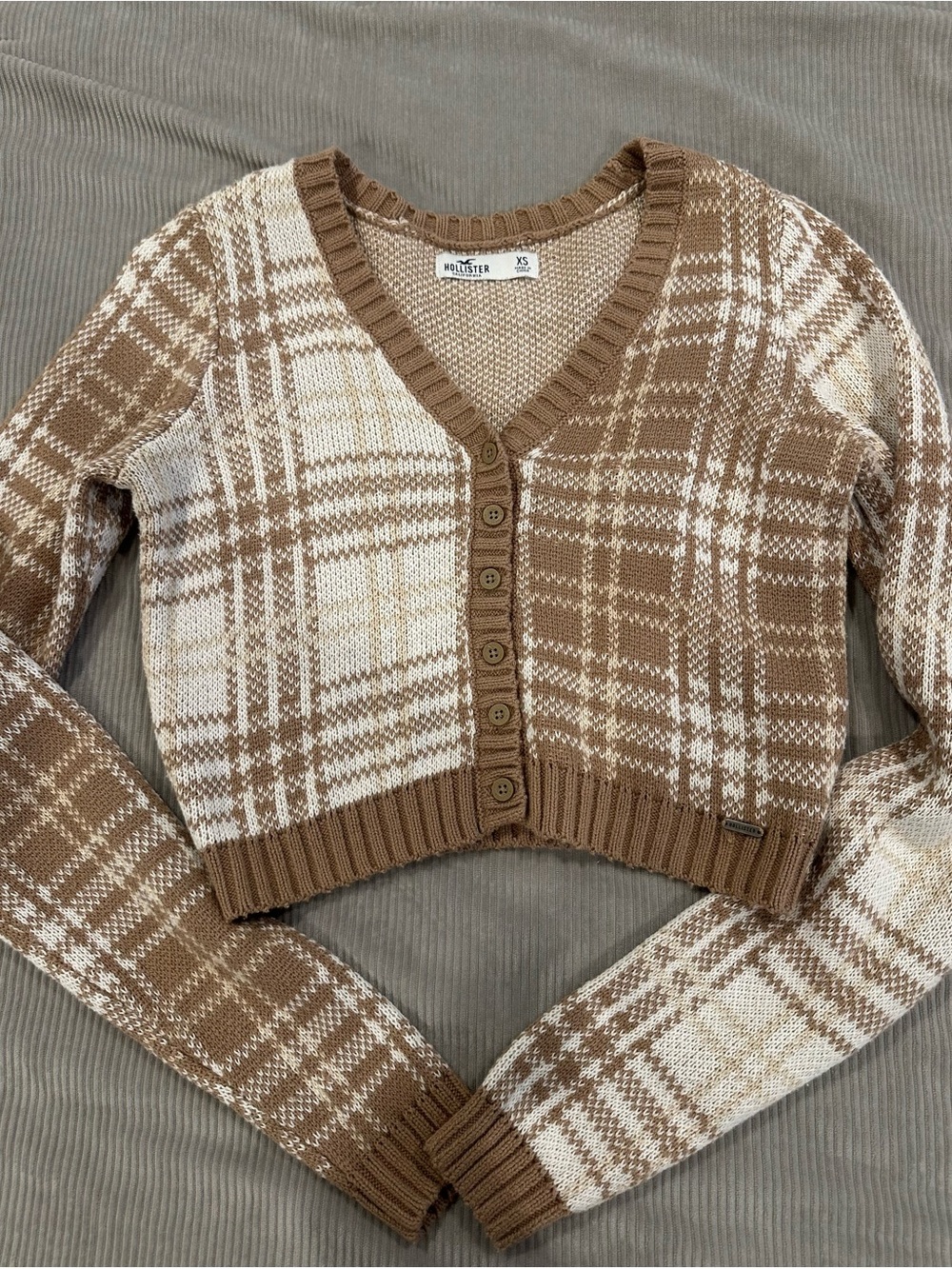 Hollister Brown and Cream Plaid V-Neck Cropped Cardigan